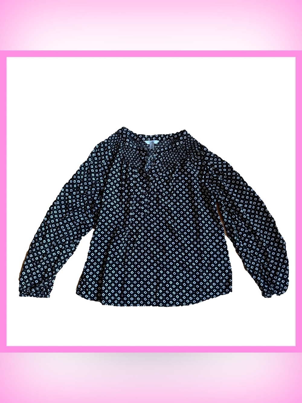 ♠️ croft & barrow | Black Geometric Print | Boho Long-Sleeve Blouse | XL